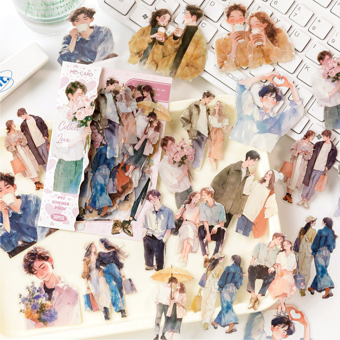 PET sticker pack with Korean fashion character girls, casual outfits, coffee, cakes, flowers, pets, and lifestyle details