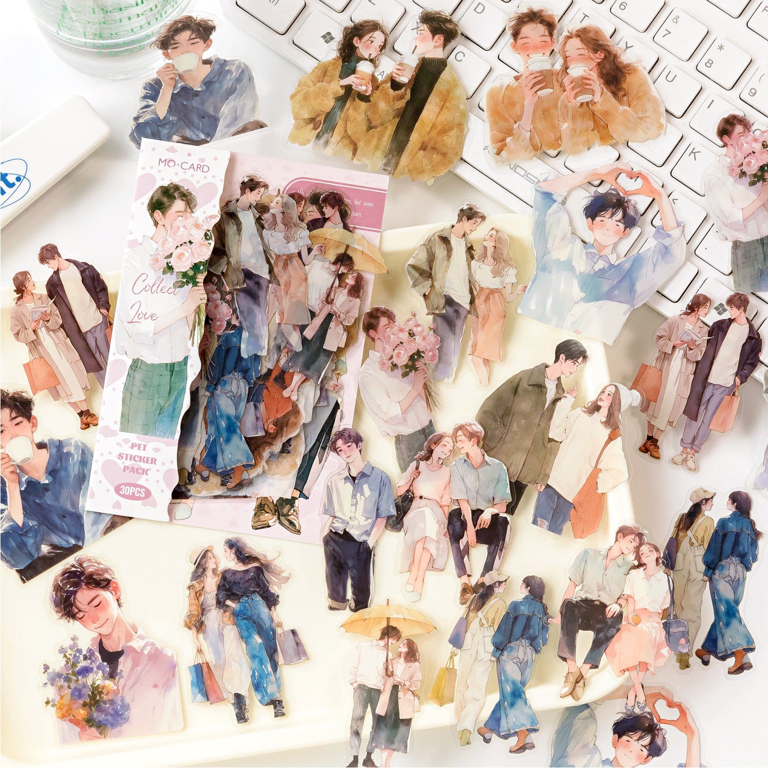 PET sticker pack with Korean fashion character girls, casual outfits, coffee, cakes, flowers, pets, and lifestyle details