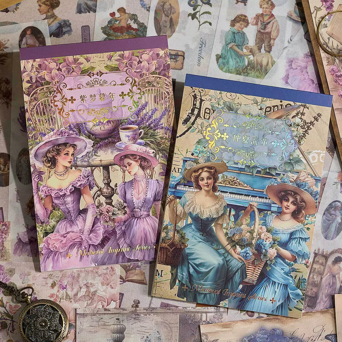 Vintage Imprint Series sticker book featuring European women, florals, butterflies, and nostalgic paper details