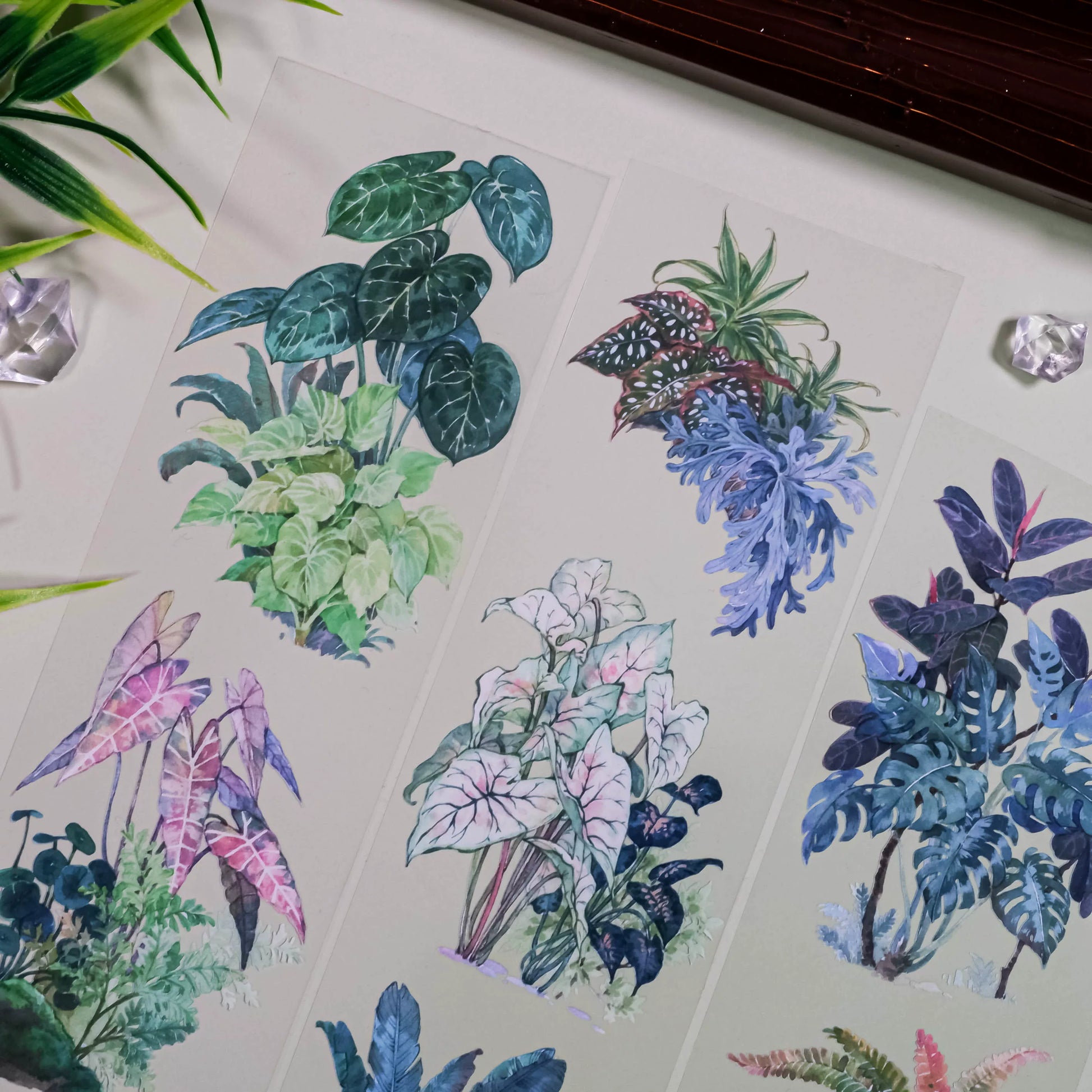 PET tape featuring traditional Chinese ink-style illustrations of potted plants and garden greenery