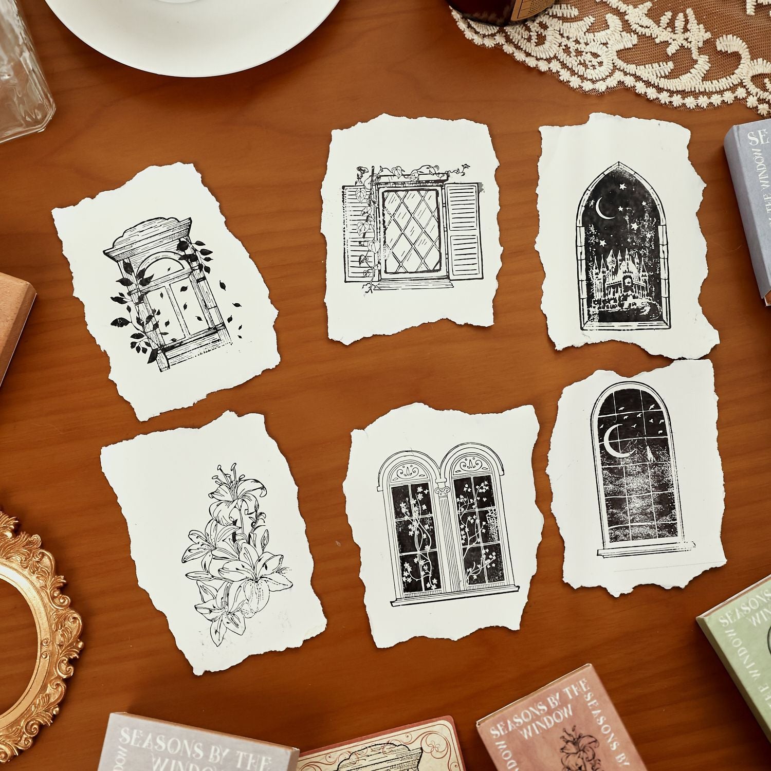 Wooden stamp set with seasonal window frame designs