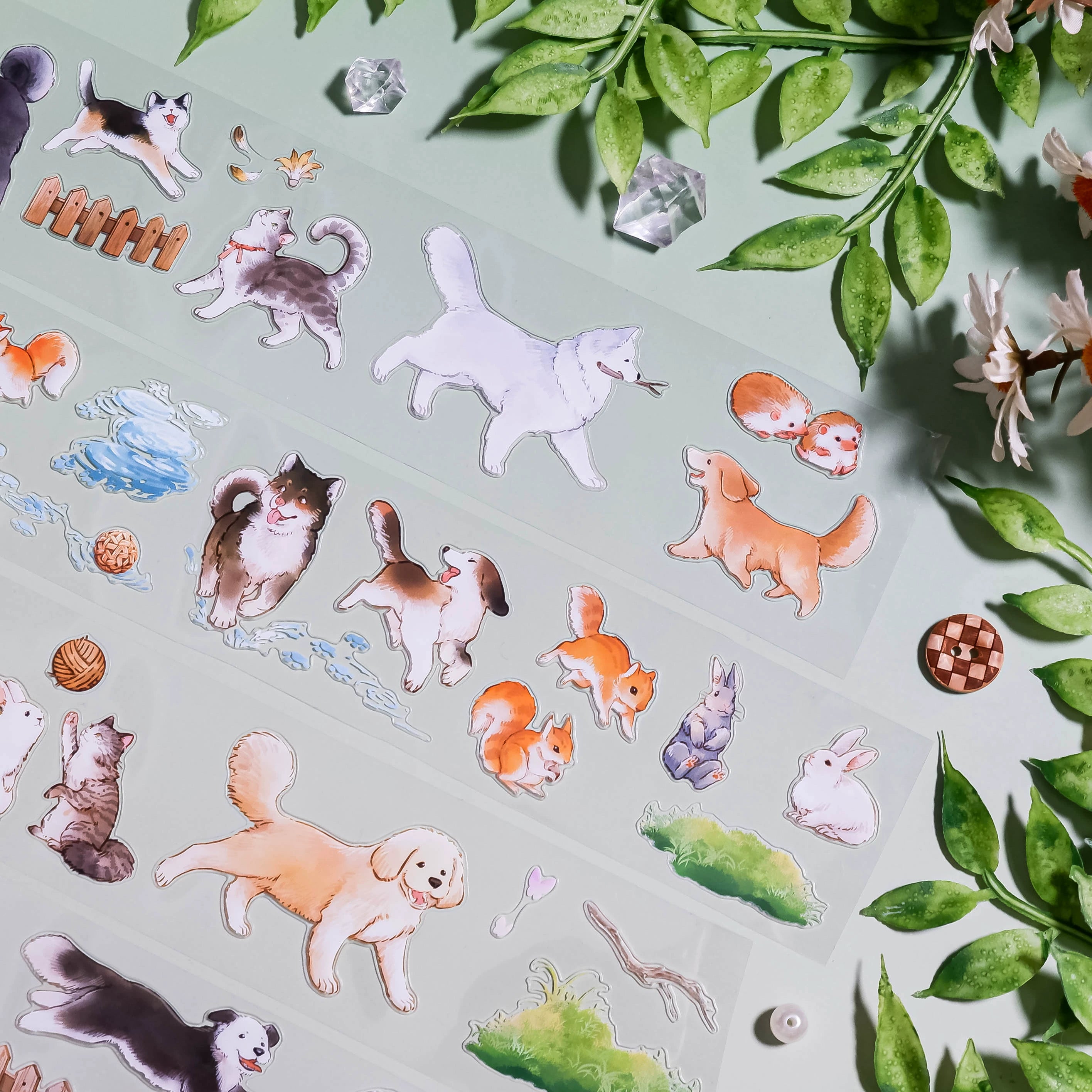 Hand-painted cats, dogs, bunnies PET cut-out tape stickers with fences and grass, Shroomi