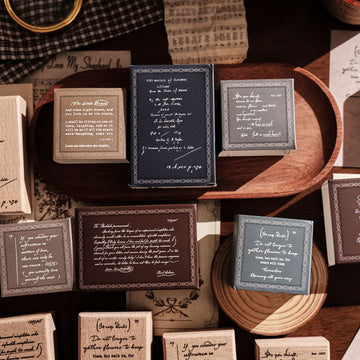 Vintage wooden stamp set with literary text designs