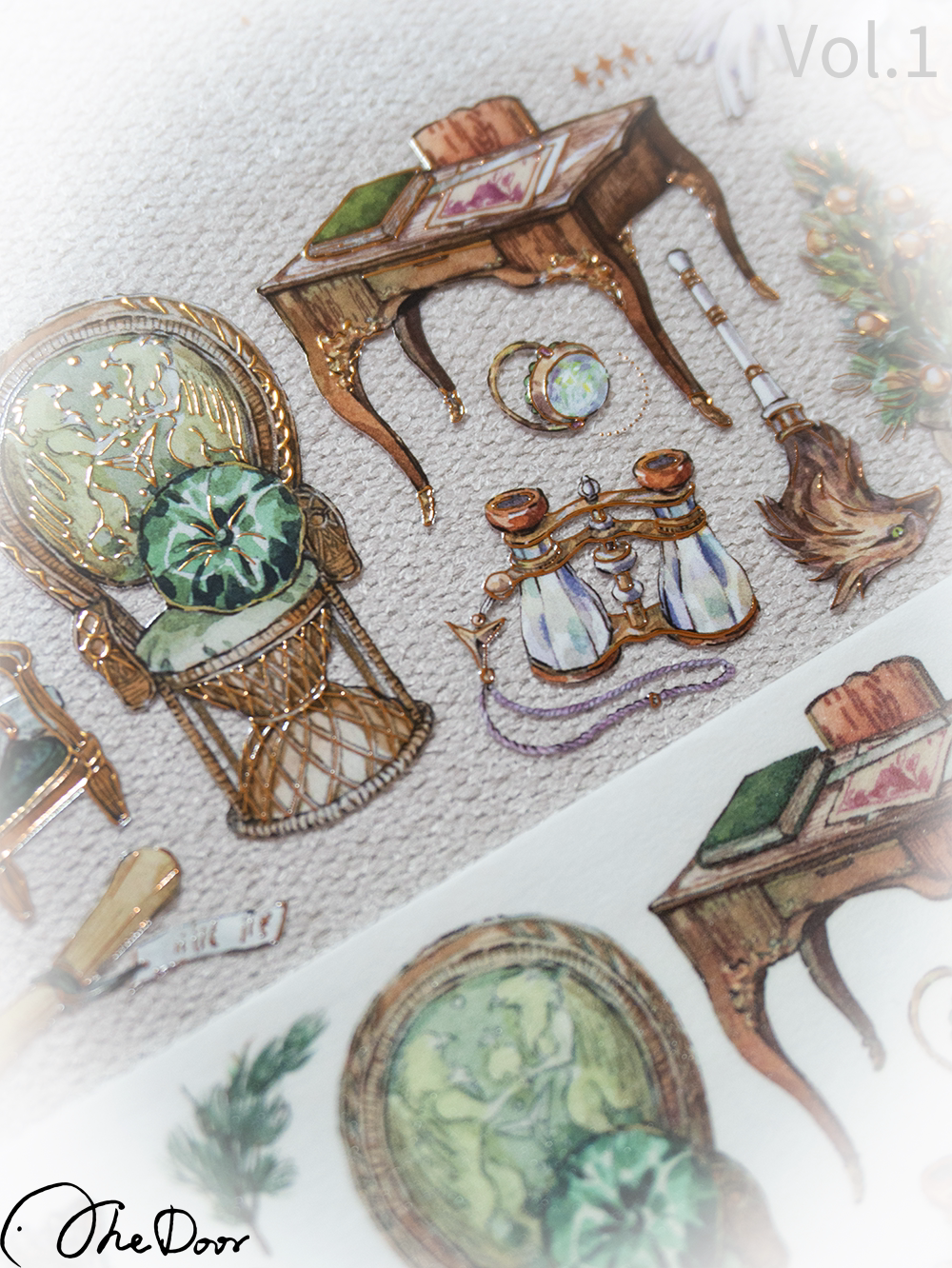 Close-up of wicker chair and writing desk illustrations on washi tape