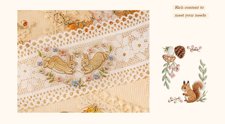 Floral embroidery frame sticker book with botanical borders, wreaths, rabbits, butterflies, ribbons, and photo frame designs