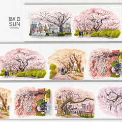 Delicate pink cherry blossoms float over Japanese streets on this vibrant PET tape, evoking a serene spring cityscape.