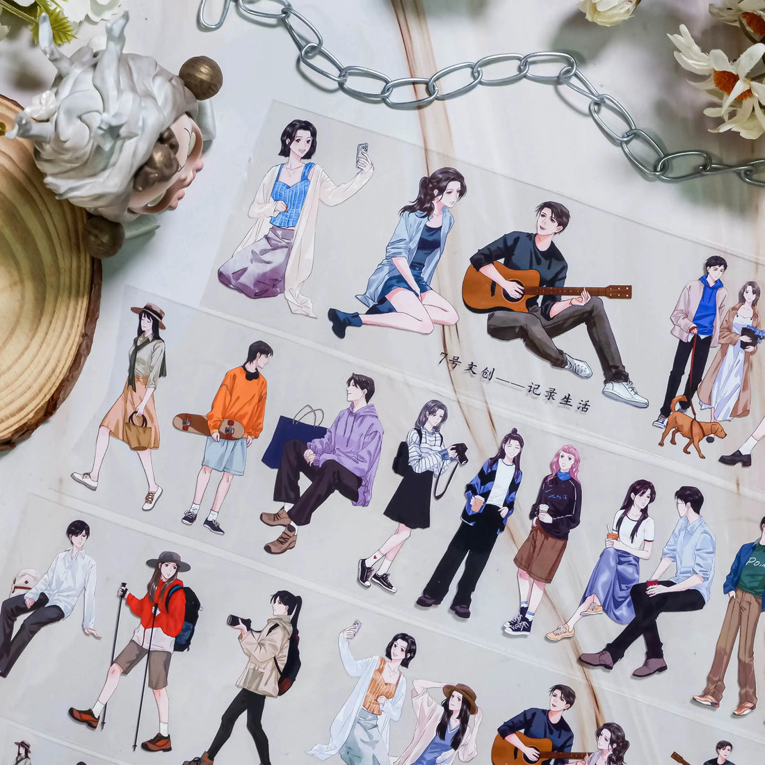 Assorted clear tape stickers featuring illustrated couples in various outdoor and casual settings | Shroomi