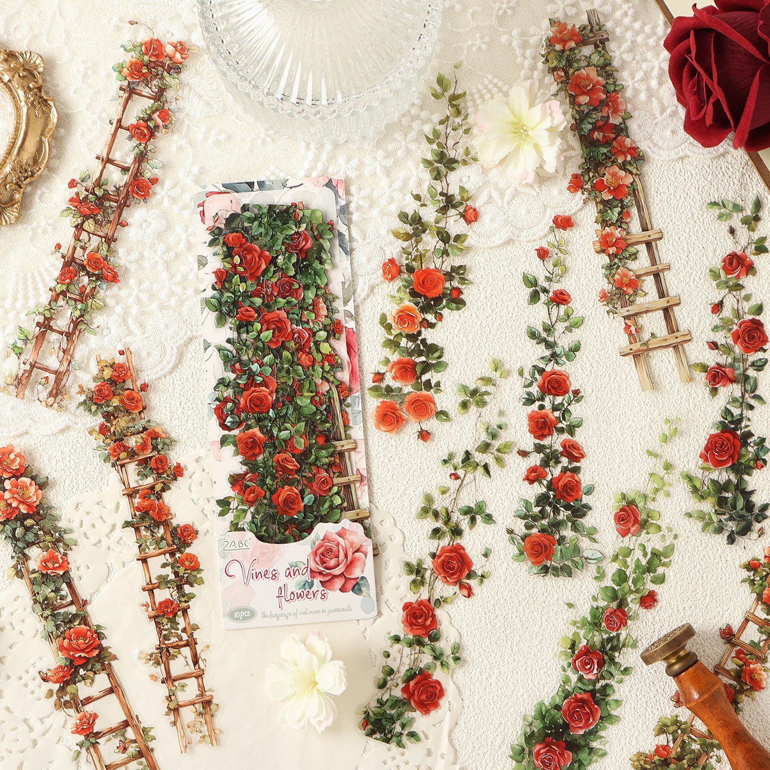 Vines and Flowers climbing vine sticker strips in red rose, orange, green, pink and blue colorways