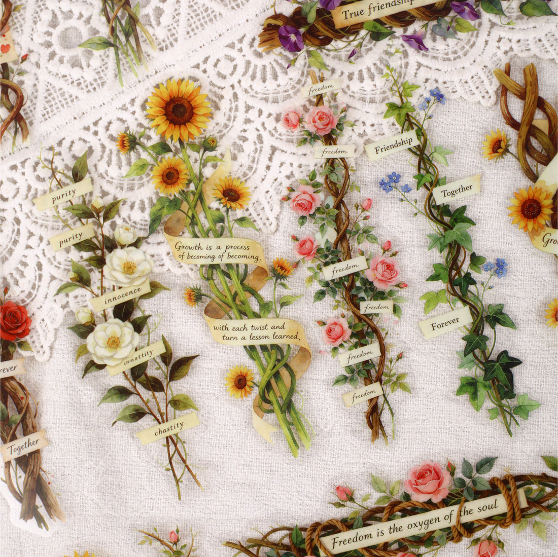 Vintage Botanical Flower Sticker Pack with pressed flowers, ribbons, labels, and floral collage pieces
