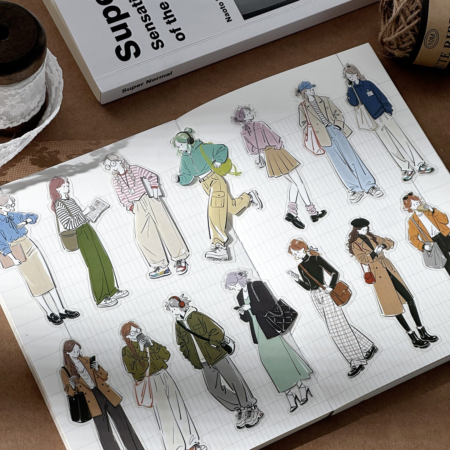 Soft Girl Fashion Sticker Pack with illustrated outfit figures on a journal page