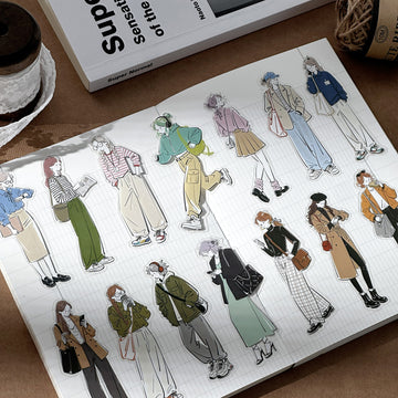 Soft Girl Fashion Sticker Pack with illustrated outfit figures on a journal page