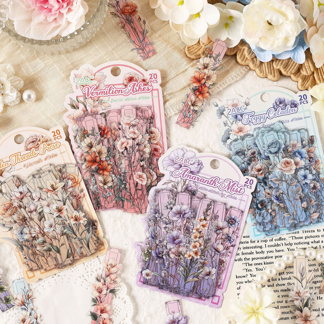 Vines and Flowers vintage botanical sticker pack – antique floral illustrations in Amaranth, Golden, Celadon and Vermillion