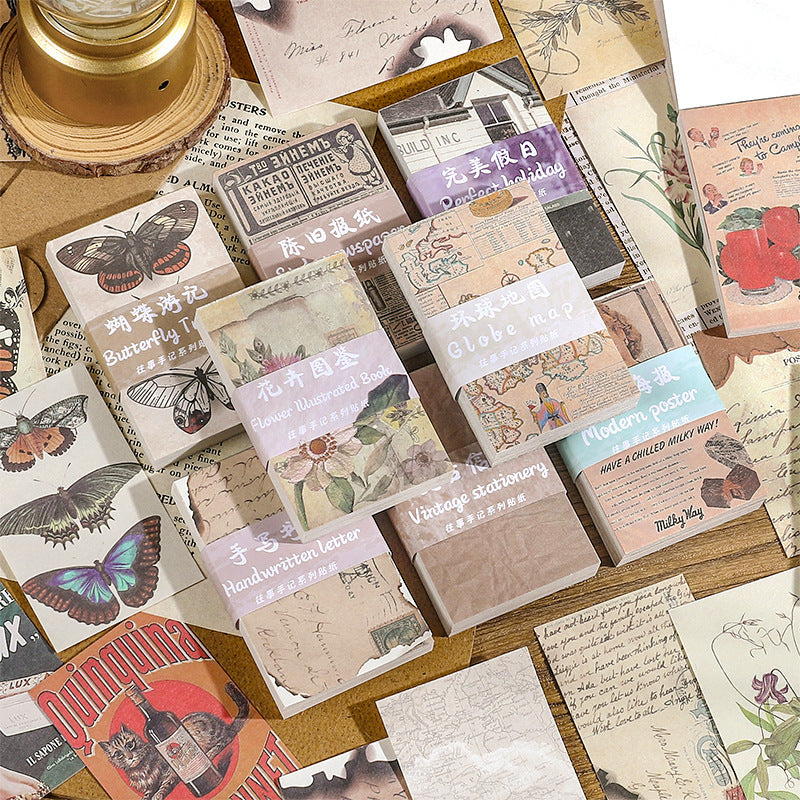 Vintage decorative paper pack 60 sheets – old newspaper, handwritten letter, butterfly, floral and map designs