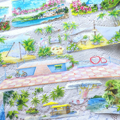 Coastal Observation Deck PET Tape showcasing scenic seaside decks, tropical plants, and pastel ocean views on clear tape.