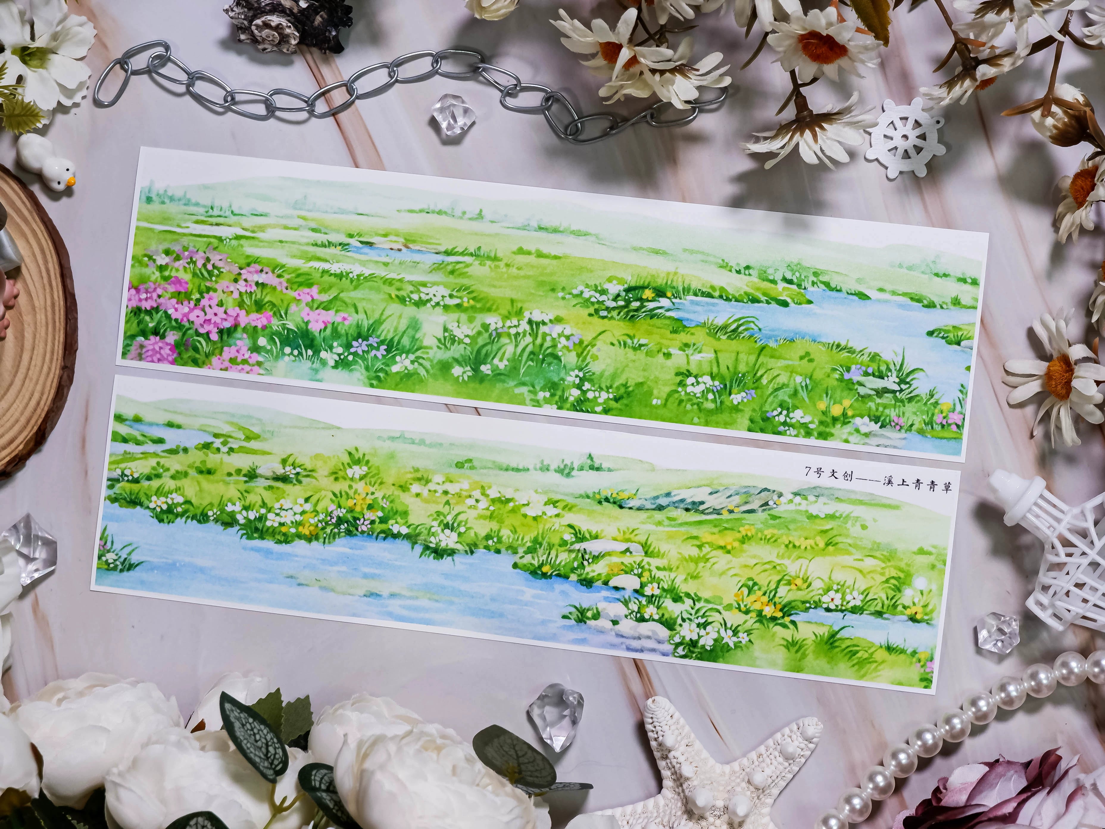 Scenic washi tape from the No.7 Landscaping Series, showcasing snowy mountain peaks in serene watercolor blues and greens.