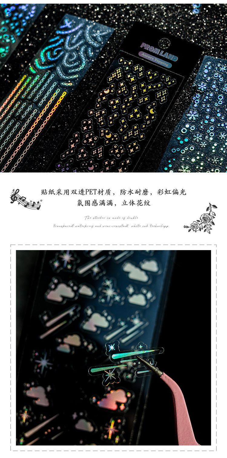 PROM LAND aurora holographic laser sticker sheet – iridescent shimmer on dark background, 12pcs