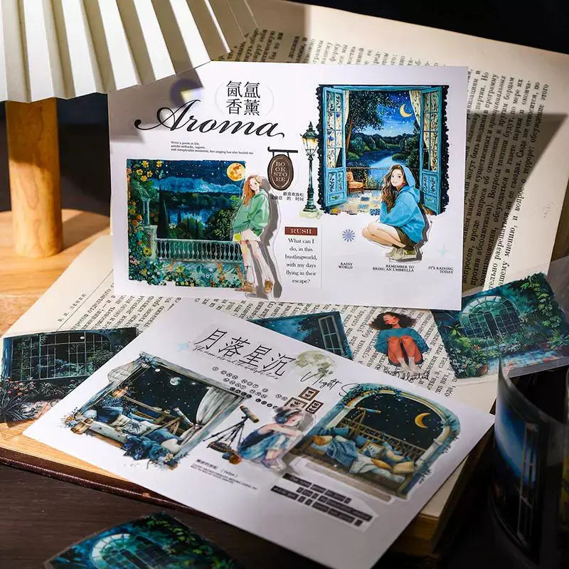Enchanting Nightfall Series PET Tape showcasing moonlit gardens, glowing city streets, and cozy nighttime scenes in 6 unique styles.