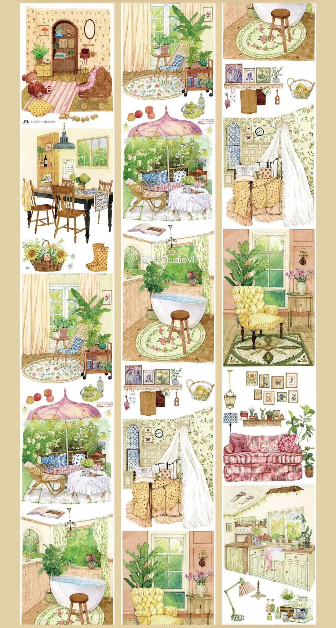 Tranquil Home PET scenery tape — 9 cozy room vignettes: reading nook, sunlit conservatory with bathtub, yellow kitchen, study, canopy bedroom, pink sitting room