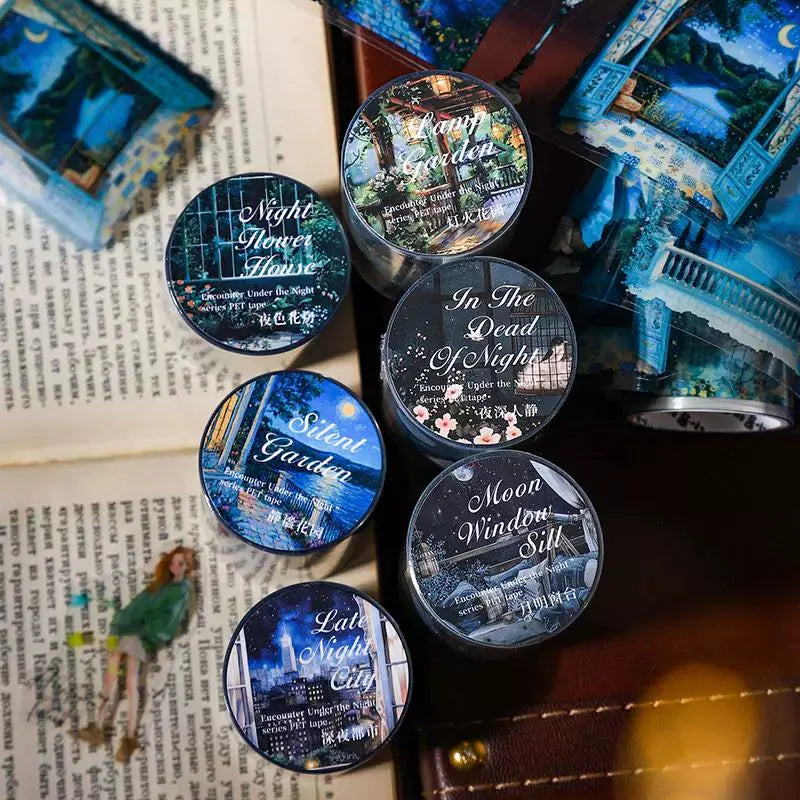 Enchanting Nightfall Series PET Tape showcasing a moonlit garden scene with intricate details and serene night vibes.