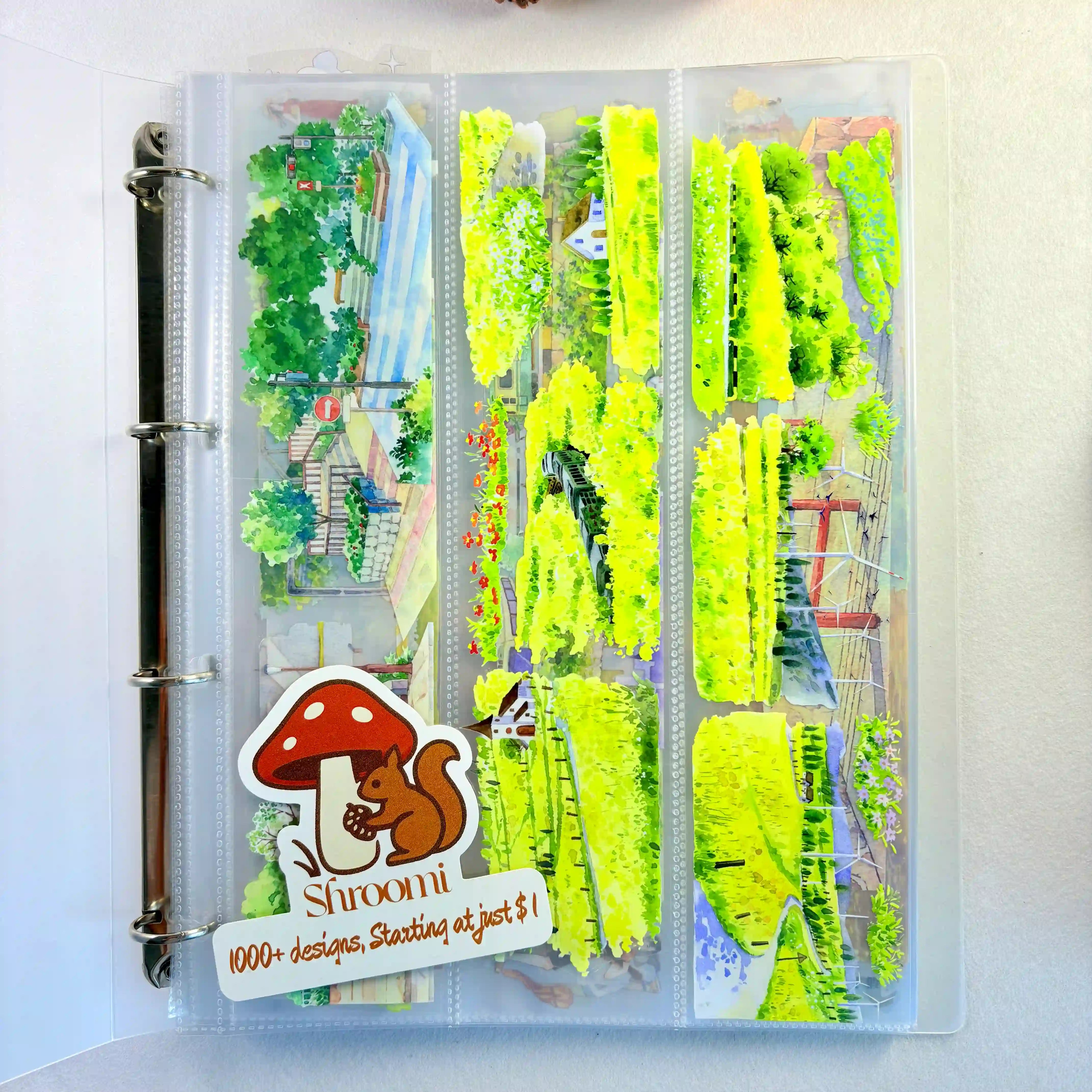 Colorful washi tape storage album with pocket-style pages for organizing pre-cut tape pieces and sticker samples neatly.