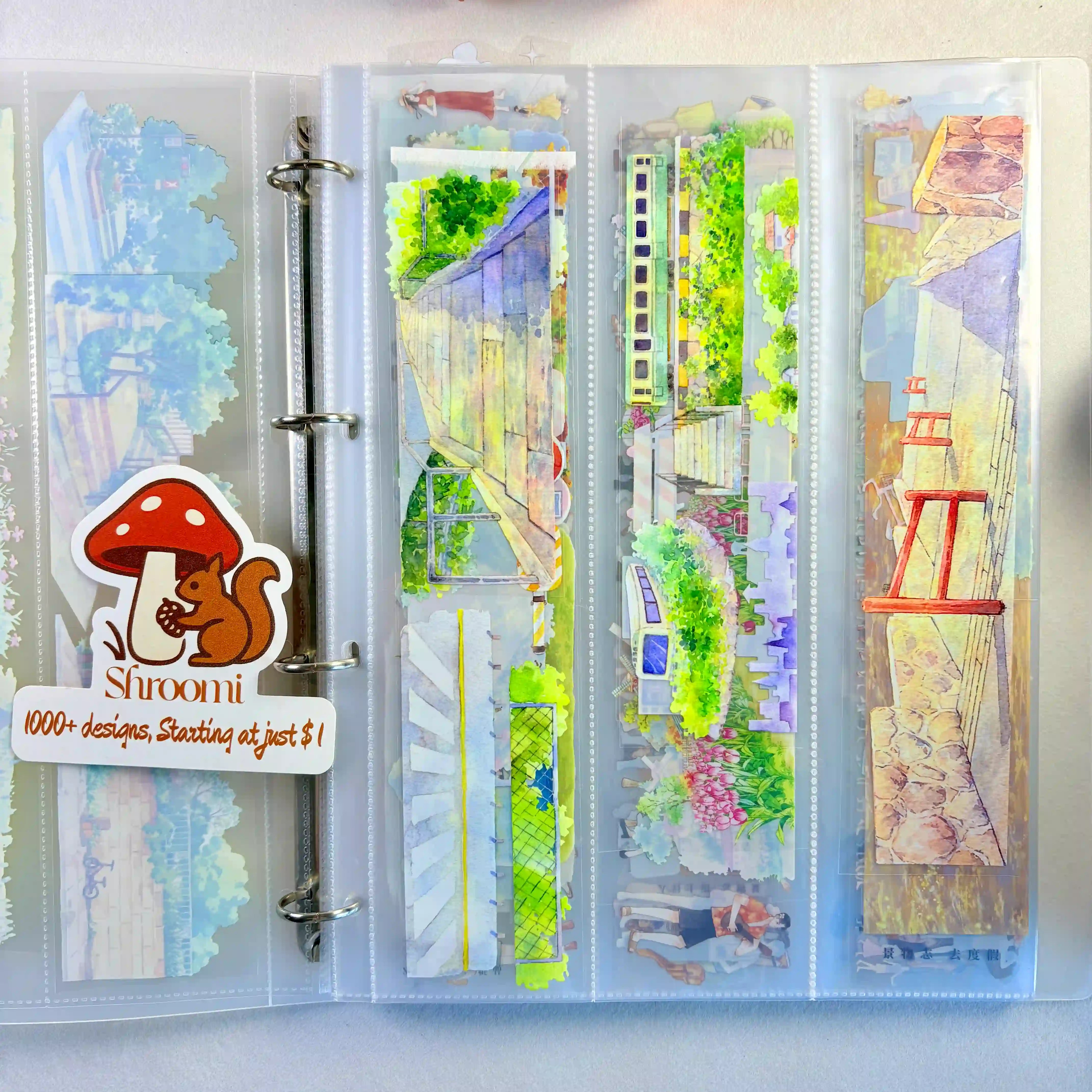 Handy washi tape storage album with pocket-style pages for organizing pre-cut tape pieces and stickers effortlessly.