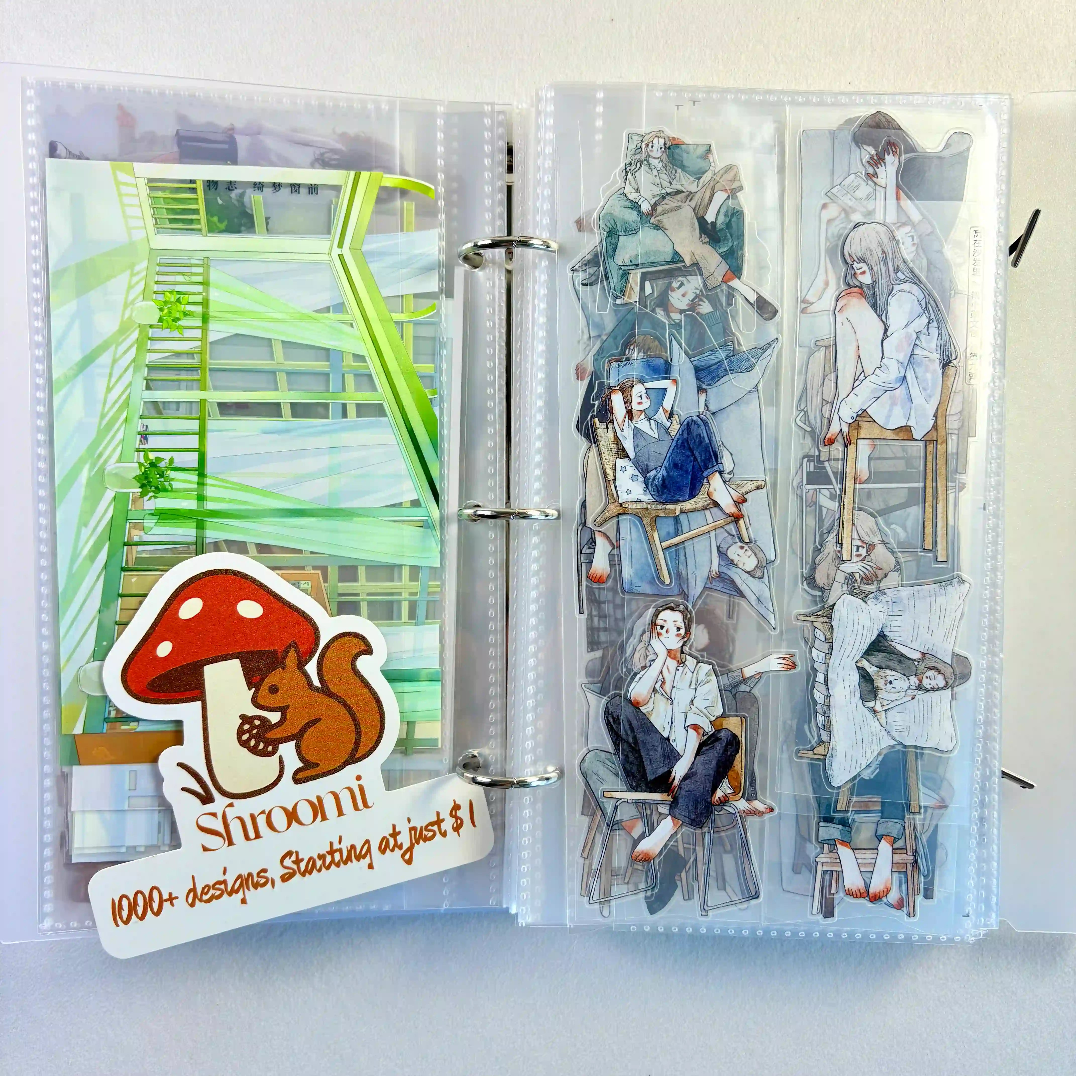 Handy washi tape storage album with pocket-style pages for organizing pre-cut tape pieces and stickers effortlessly.