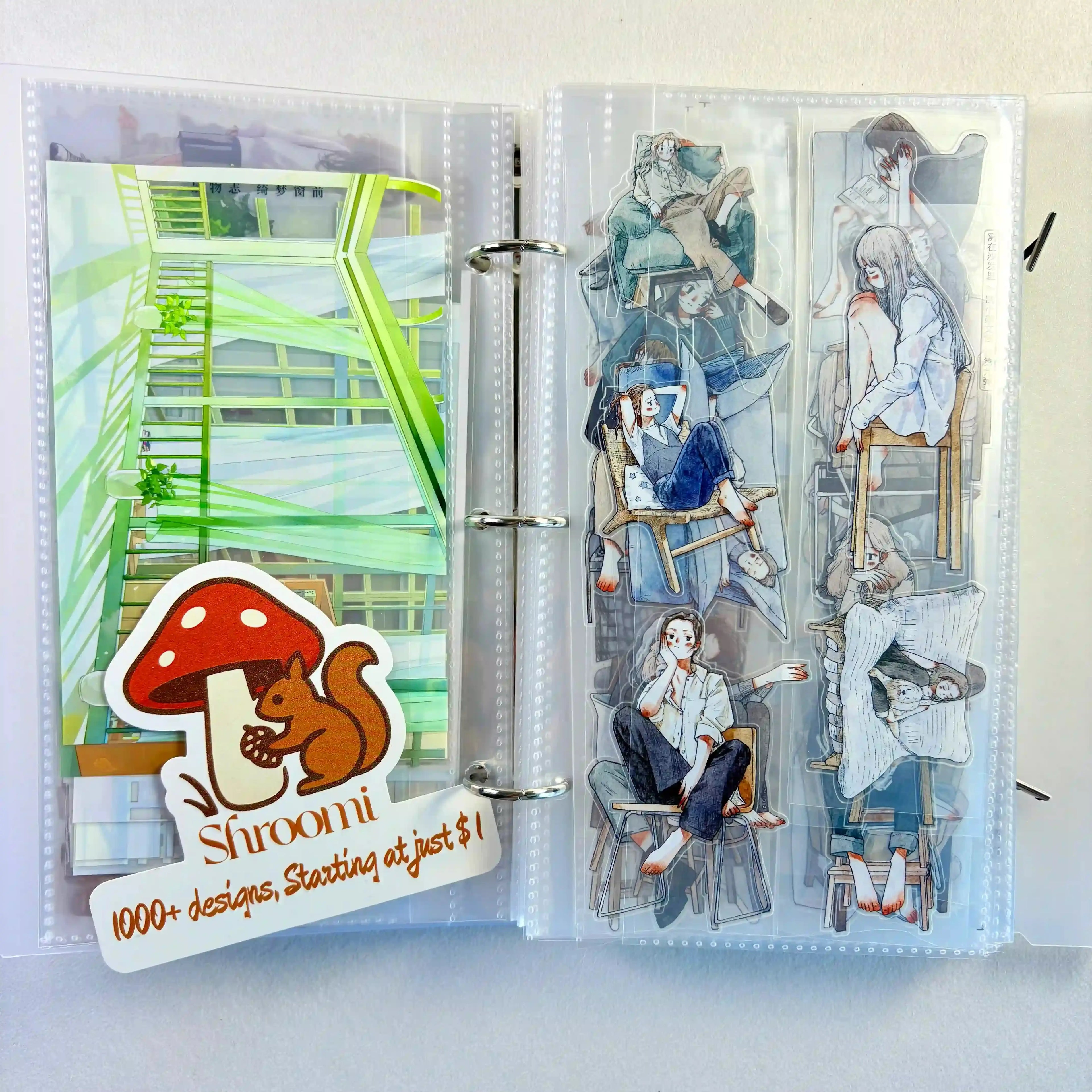 Handy washi tape storage album with pocket-style pages for organizing pre-cut tape pieces and stickers effortlessly.