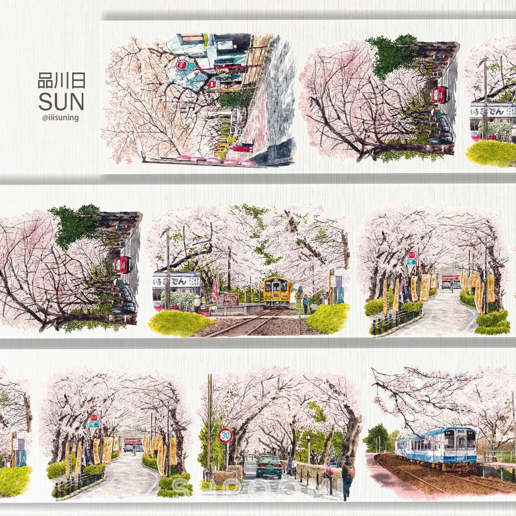 Delicate Pink Floral Fragrance PET Tape featuring cherry blossoms, serene railway tracks, and dreamy spring pathways.