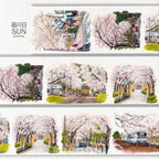 Delicate Pink Floral Fragrance PET Tape featuring cherry blossoms, serene railway tracks, and dreamy spring pathways.