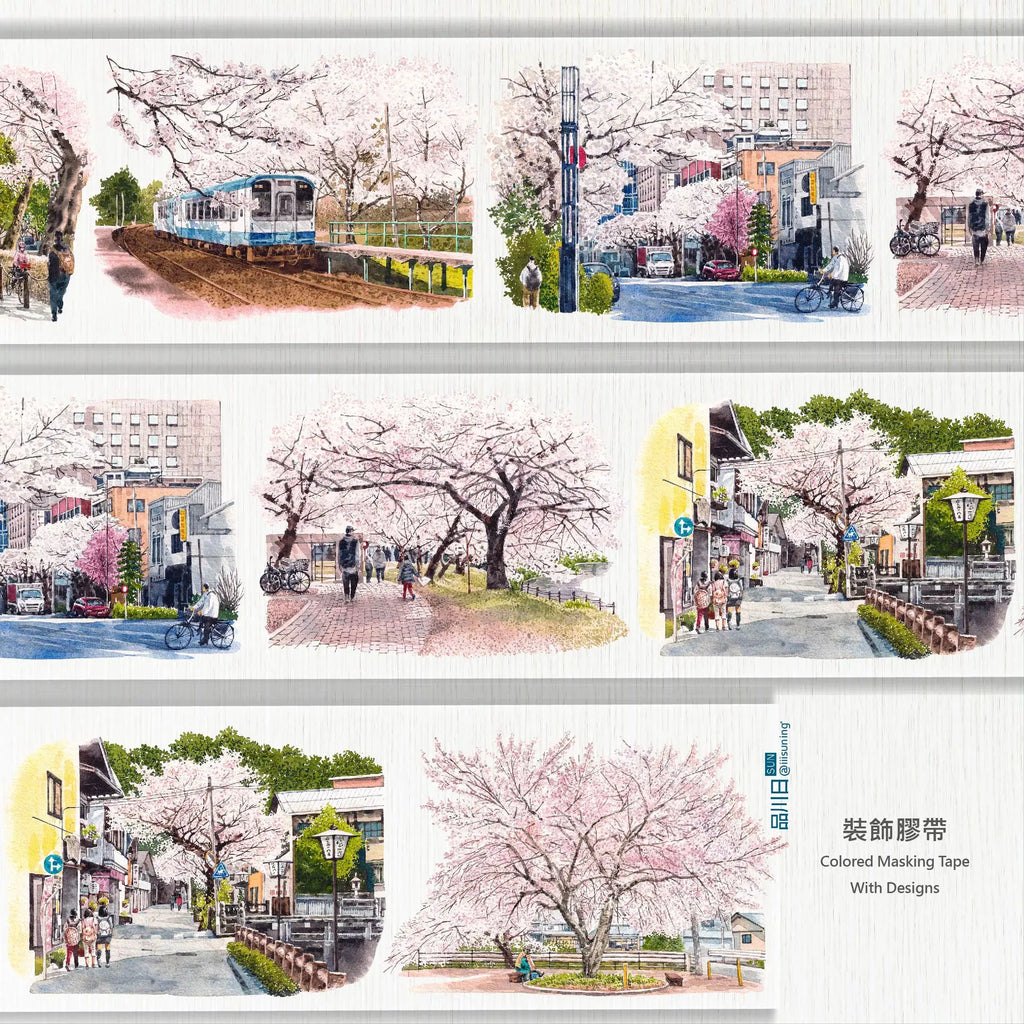 Delicate Pink Floral Fragrance PET Tape showcasing cherry blossoms, serene railway tracks, and dreamy spring pathways.