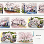 Delicate Pink Floral Fragrance PET Tape showcasing cherry blossoms, serene railway tracks, and dreamy spring pathways.