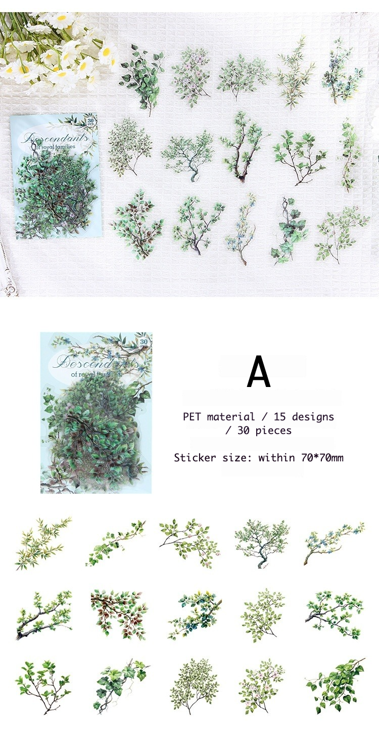 Collection of green tree stickers on a white background with text detailing product information.