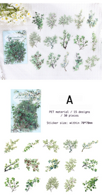 Collection of green tree stickers on a white background with text detailing product information.