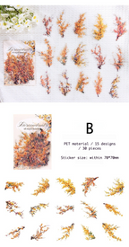 Set of nature-themed stickers with autumn leaves on a white background