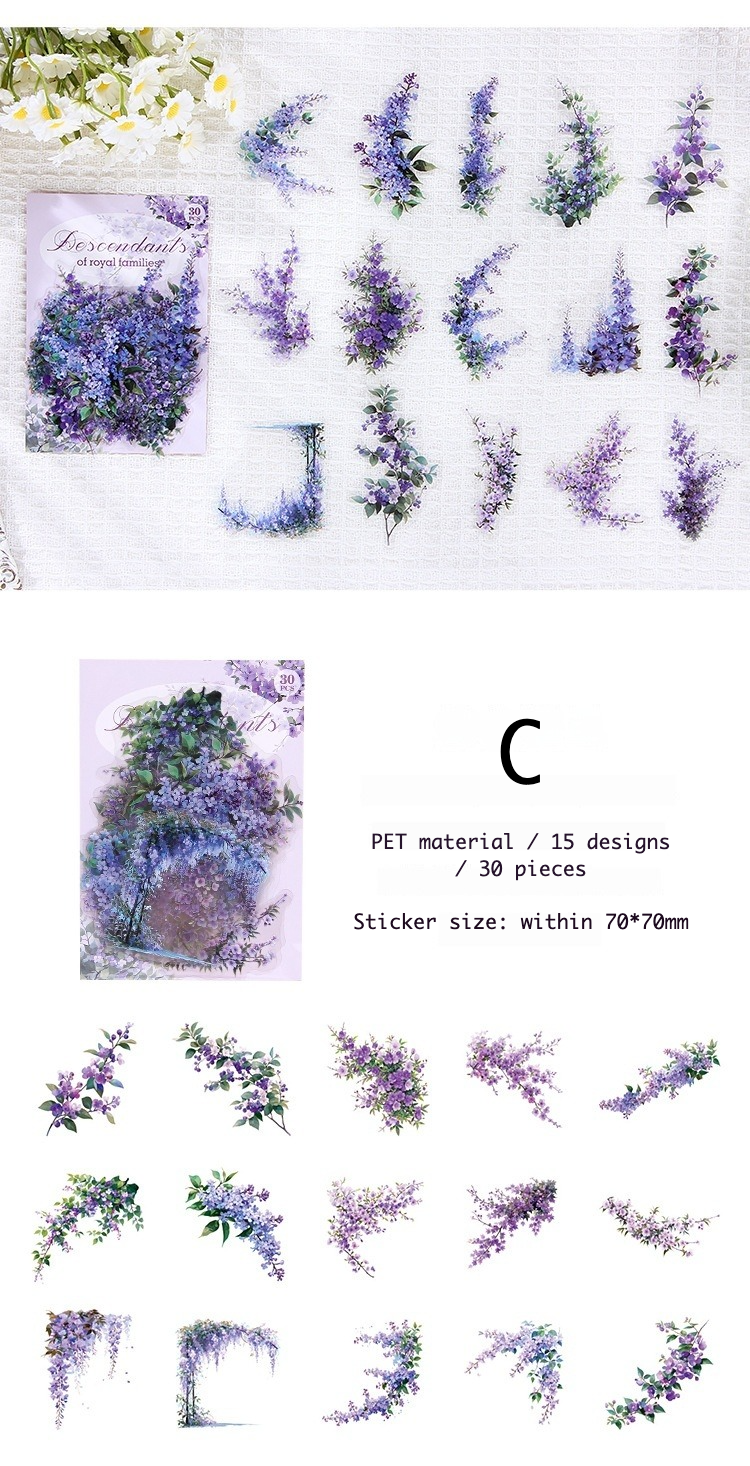 Set of purple floral stickers with a white background