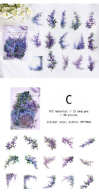 Set of purple floral stickers with a white background