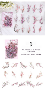 Floral sticker set with various designs on a white background