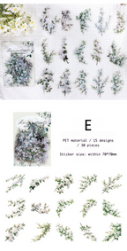Set of floral stickers with packaging labeled 'E' on a white background.