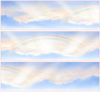 Three panels of a rainbow and cloud pattern on a blue sky background