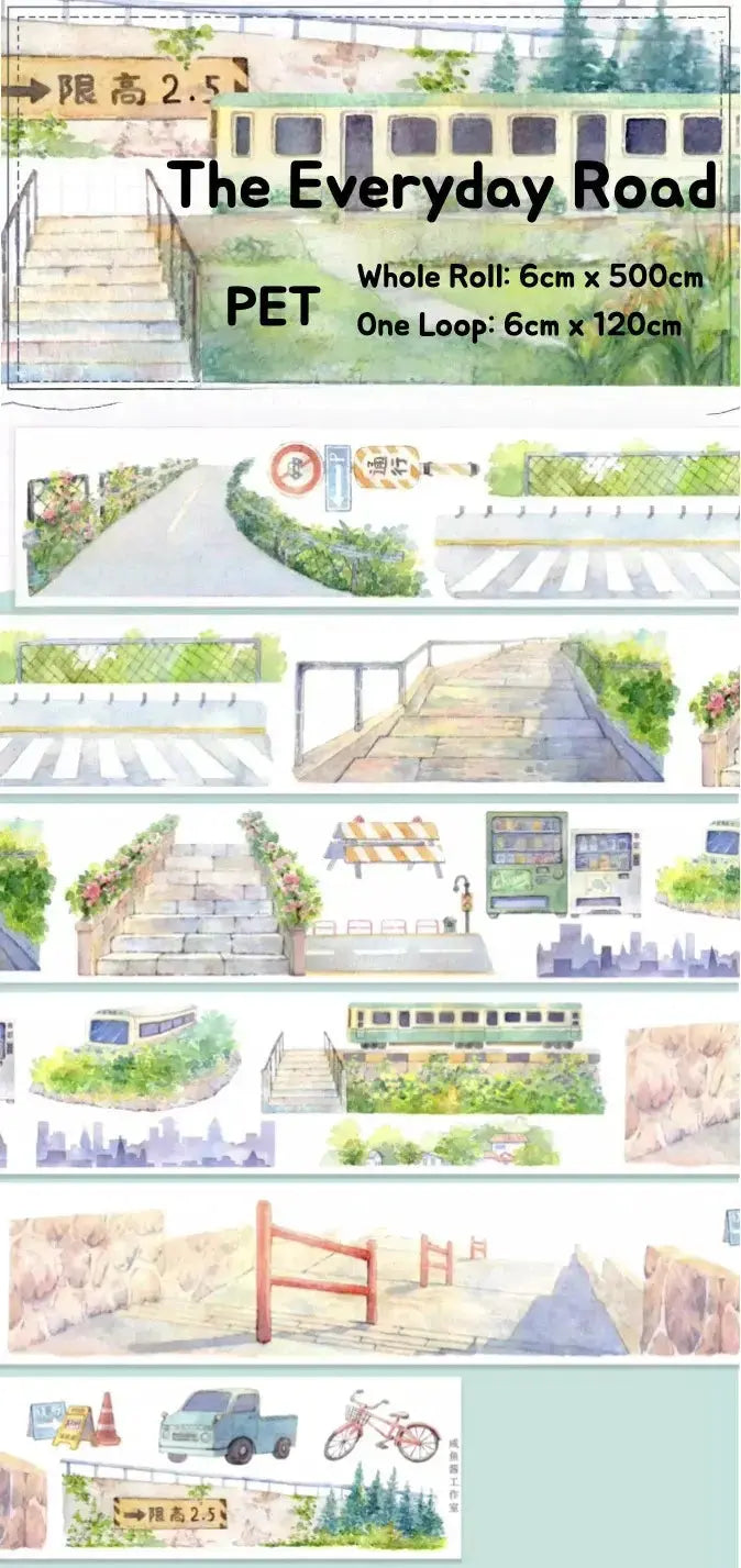 The Everyday Road PET tape product card showing watercolor urban scenes — roads, crosswalks, bus stops, train platforms, and street infrastructure — 6cm x 500cm