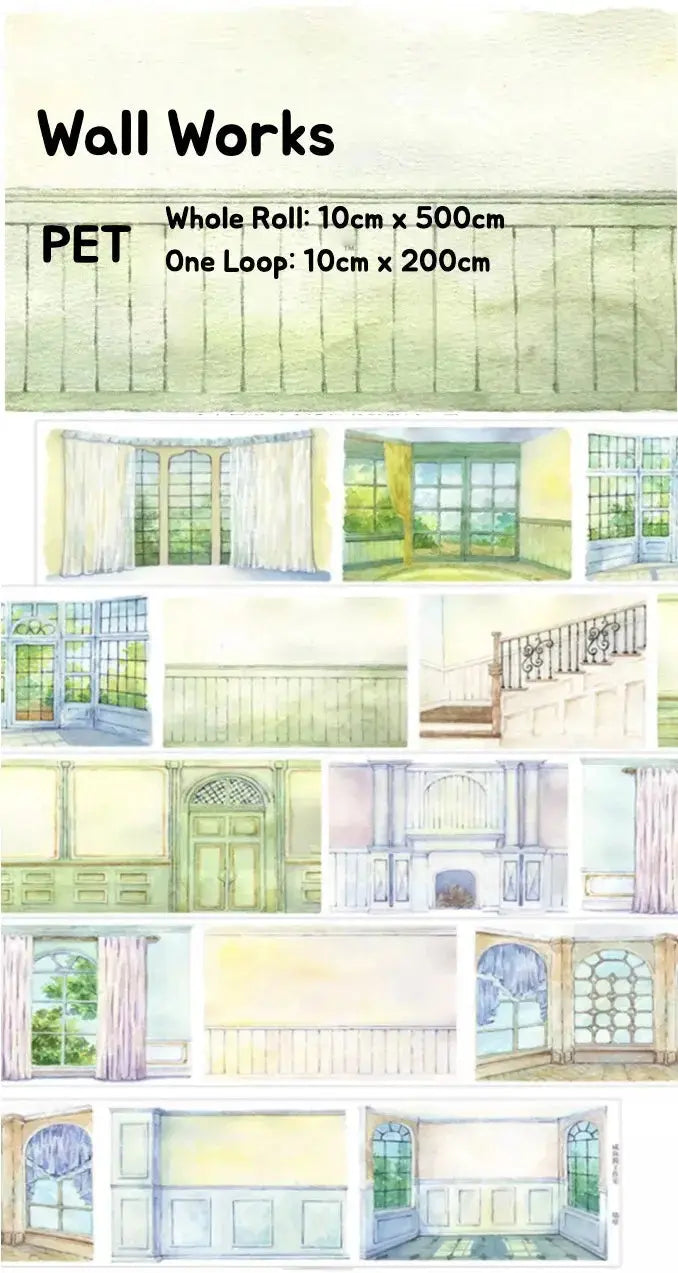 Wall Works PET tape product card showing watercolor interior walls, arched windows, fireplaces, staircases, and curtained scenes — 10cm x 500cm whole roll