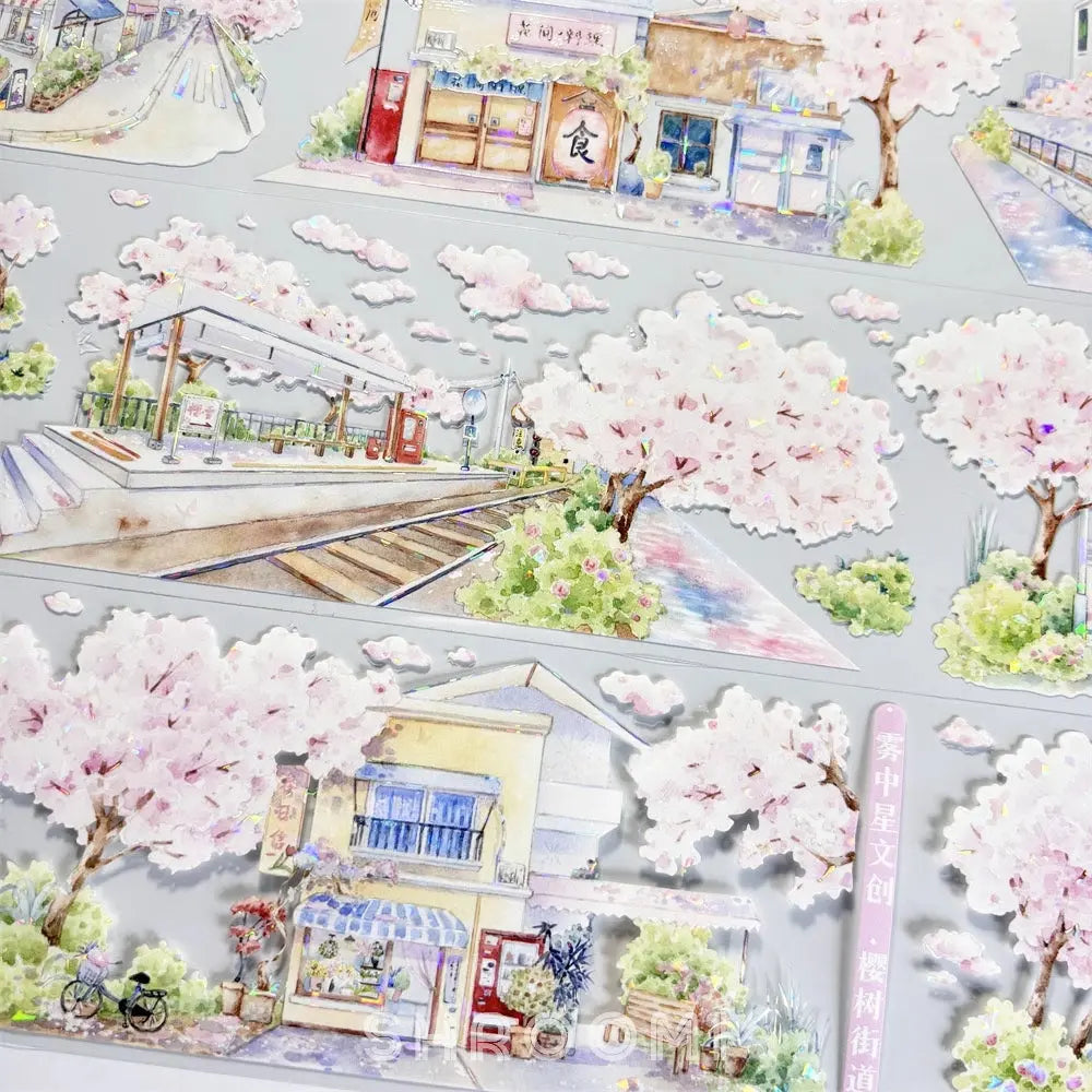 Delicate cherry blossom streets with shimmering shell-like reflections on Sakura Street Shell Shine PET Tape for crafting.