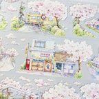 Delicate cherry blossom streets with shimmering shell-like reflections on Sakura Street Shell Shine PET Tape for crafting.