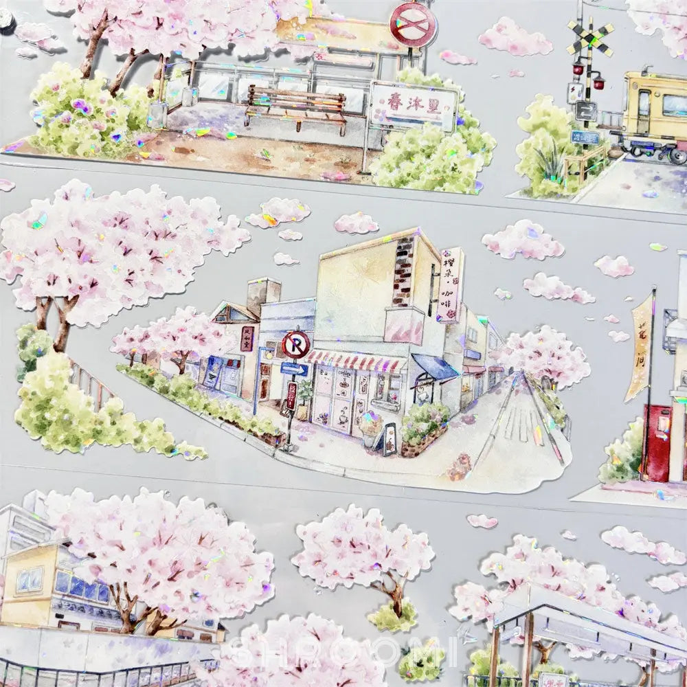 Delicate cherry blossom streets shimmer with a shell-like glow on this Sakura Street Shell Shine PET Tape, evoking a serene springtime escape.