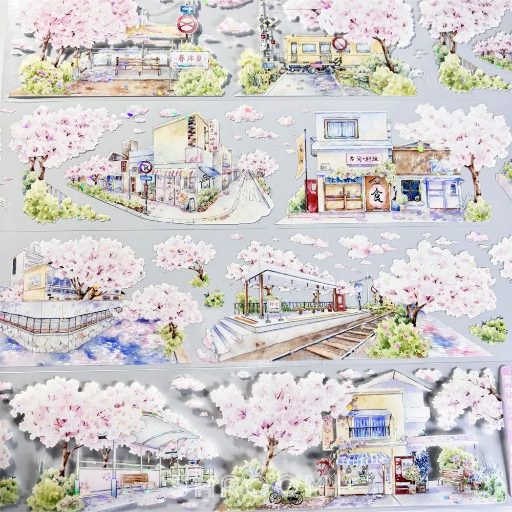 Delicate cherry blossom streets shimmer with a shell-like glow on this Sakura Street Shell Shine PET Tape, evoking springtime serenity.