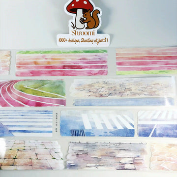 Paved Ways tape strips showing watercolor athletic track lanes, stone paving, and crosswalk textures