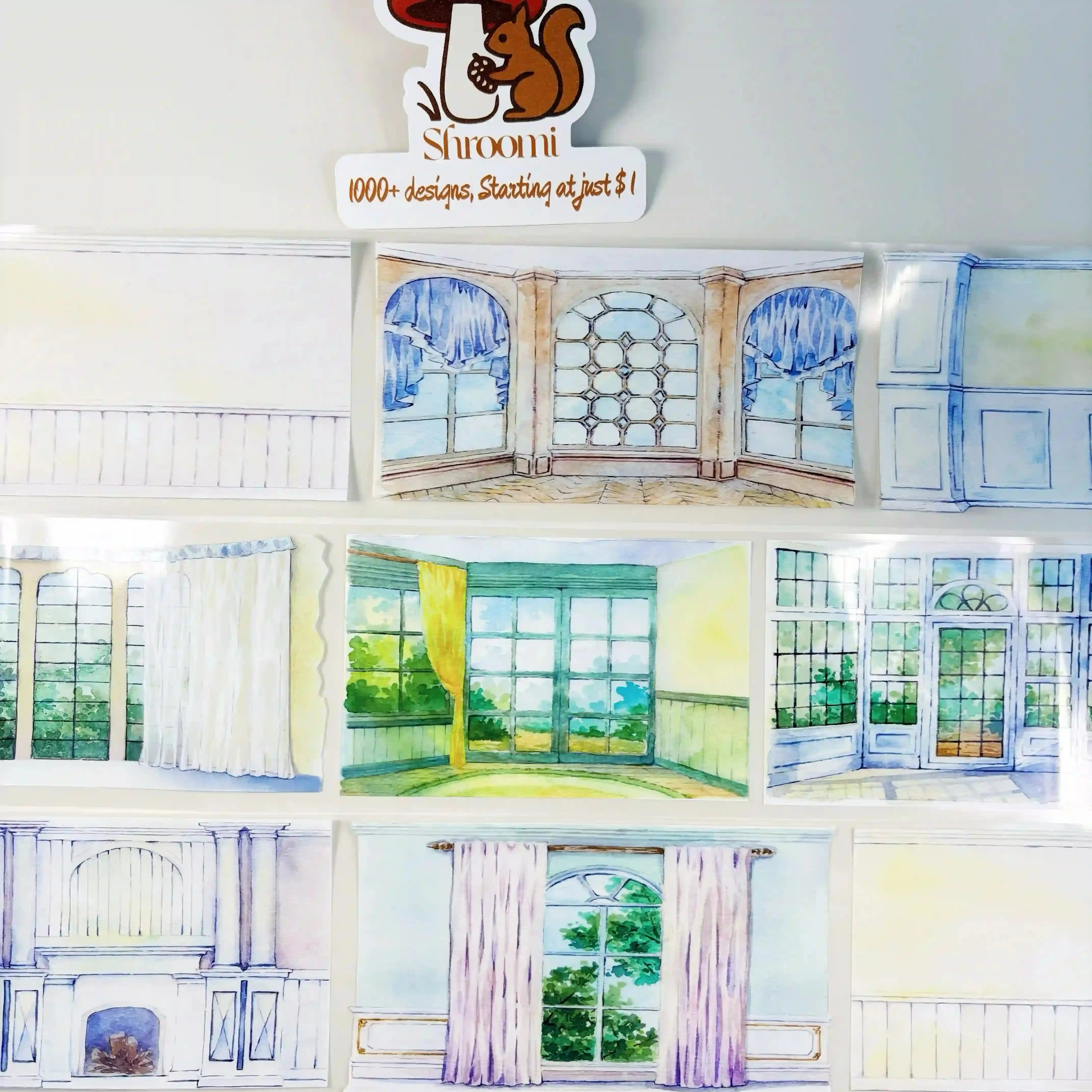 Wall Works tape strips displayed on a surface — ornate window panels, curtained arched windows, and interior wall scene variations