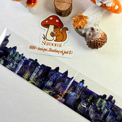 Loop 3 – PET tape showing night cityscape fragment over illustrated background