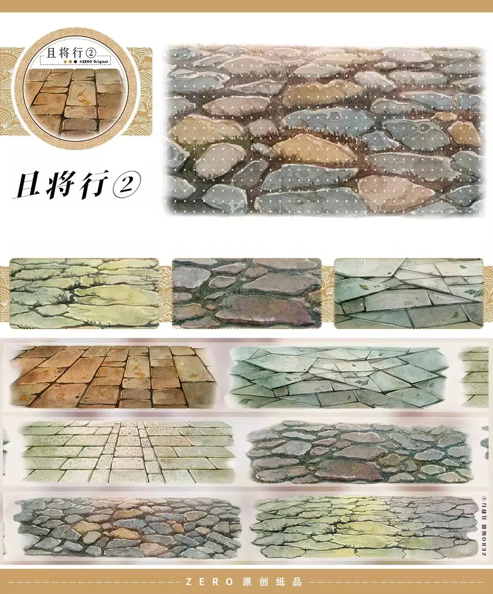 Detailed PET tape showcasing hand-painted cobblestone and mossy stone patterns, perfect for rustic journaling scenes.