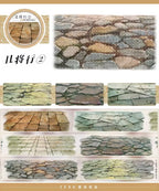 Detailed PET tape showcasing hand-painted cobblestone and mossy stone patterns, perfect for rustic journaling scenes.